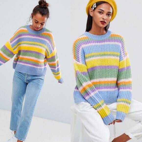 ASOS Pullover Colorful Knit Striped Jumper Sweater Chunky Size 0 Cropped - Picture 1 of 7